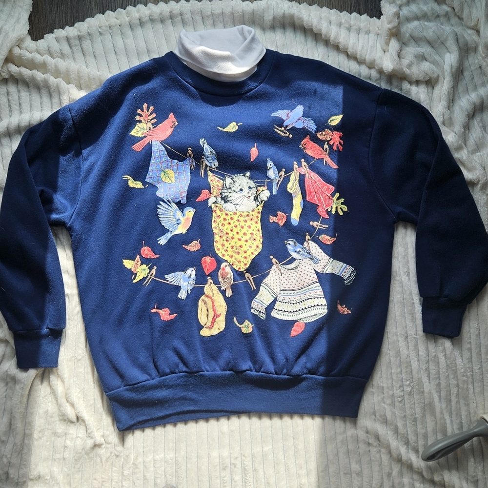 Basic Editions Blue Sweatshirt with Colorful Cat Design